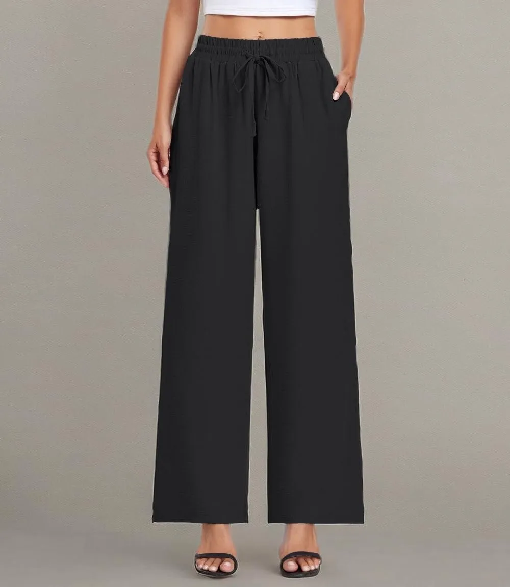 Women's Casual Pants Loose Fit Palazzo Pant Elastic Waist Drawstring Tie Knot Trousers with Pockets