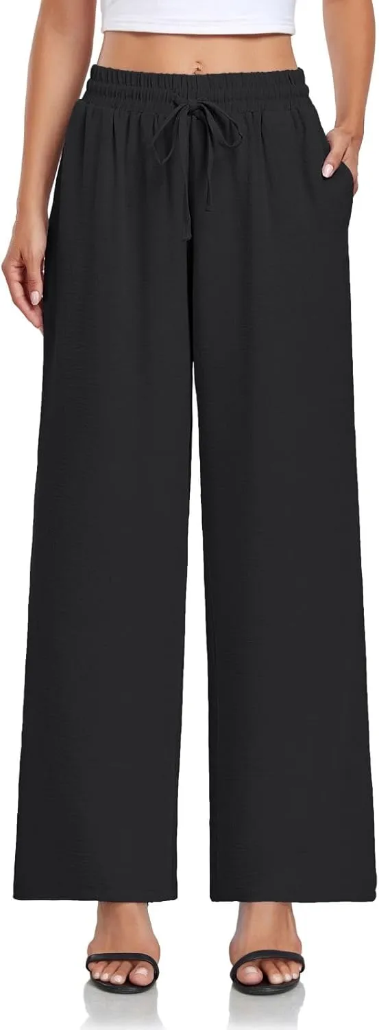 Women's Casual Pants Loose Fit Palazzo Pant Elastic Waist Drawstring Tie Knot Trousers with Pockets