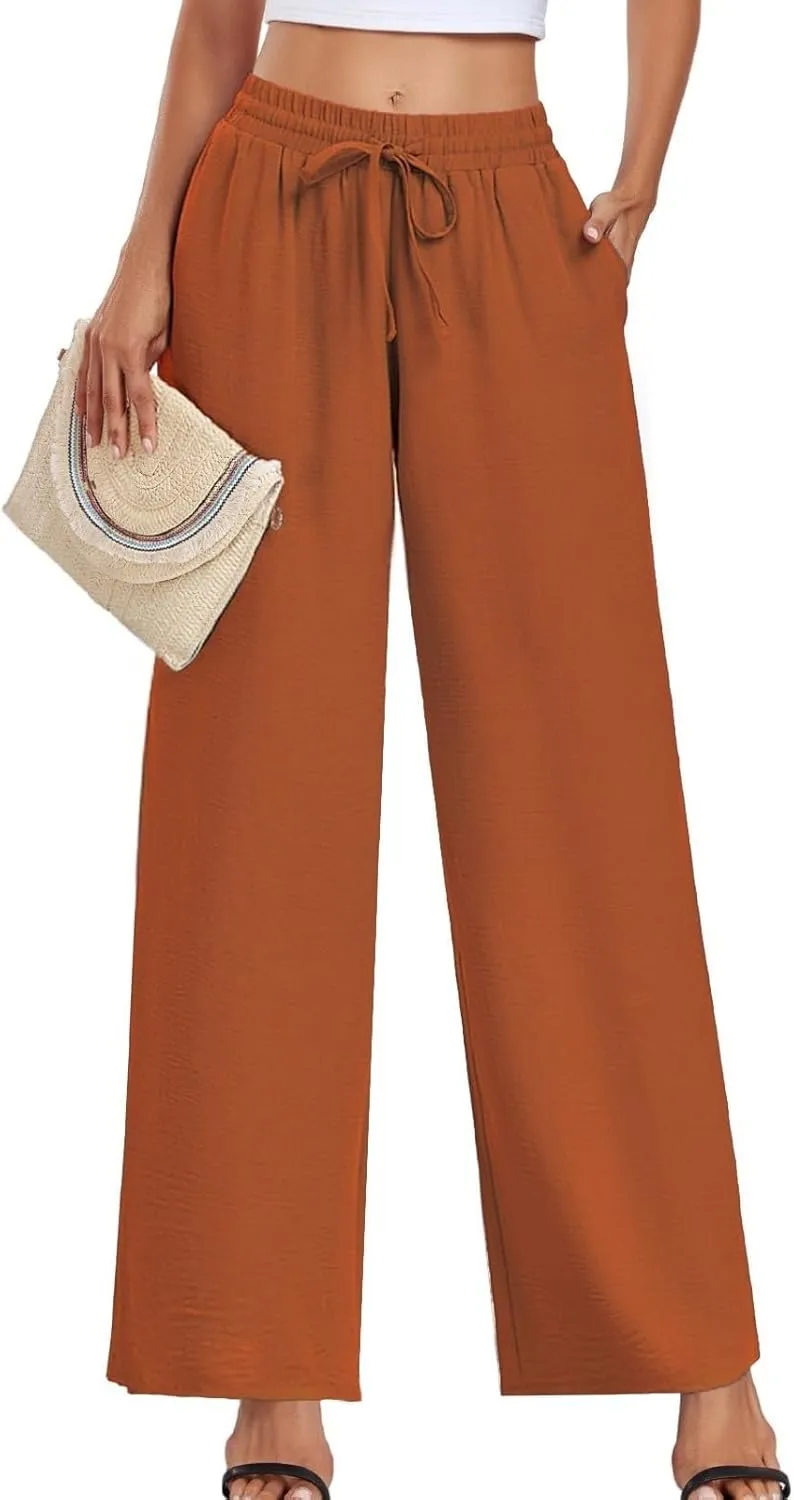 Women's Casual Pants Loose Fit Palazzo Pant Elastic Waist Drawstring Tie Knot Trousers with Pockets