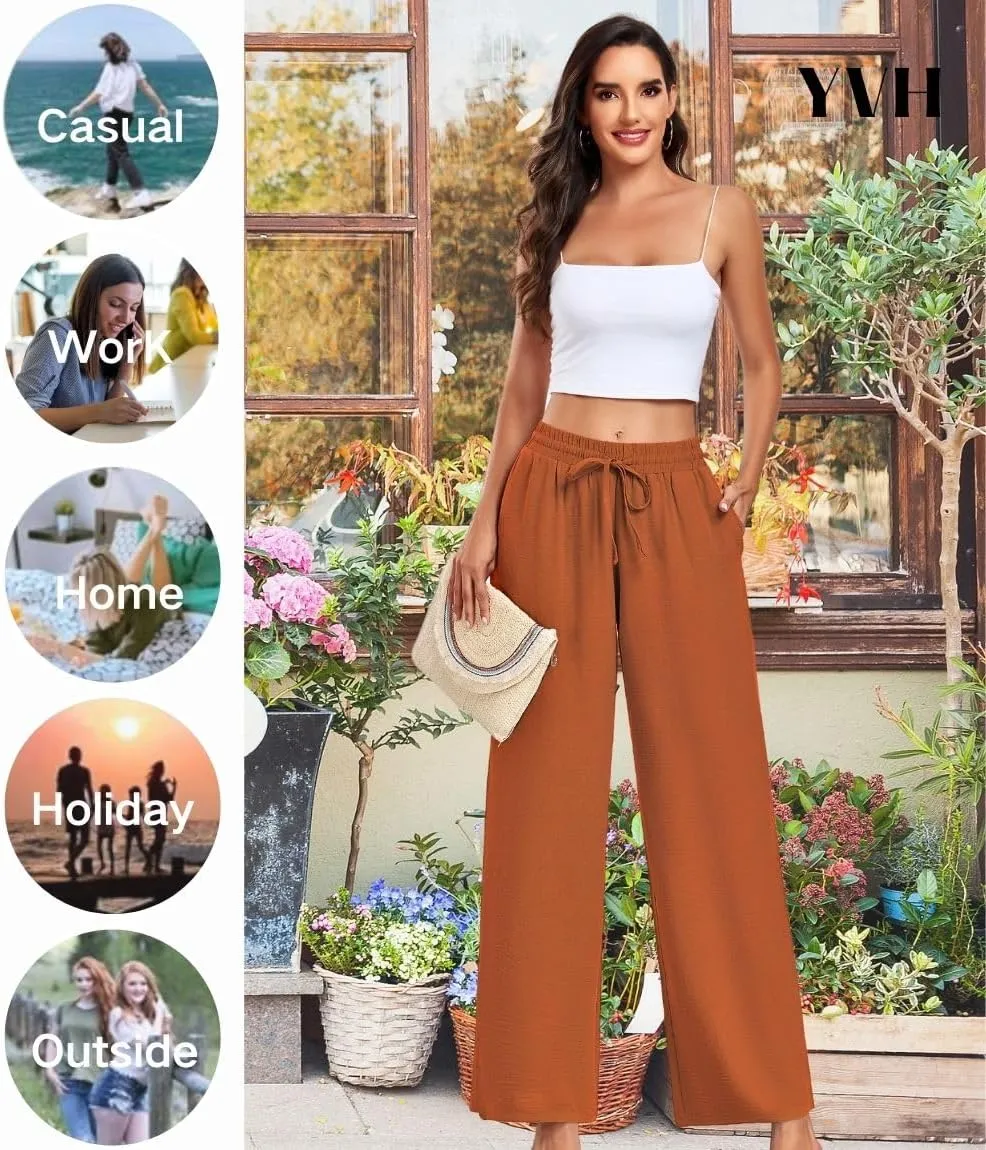 Women's Casual Pants Loose Fit Palazzo Pant Elastic Waist Drawstring Tie Knot Trousers with Pockets