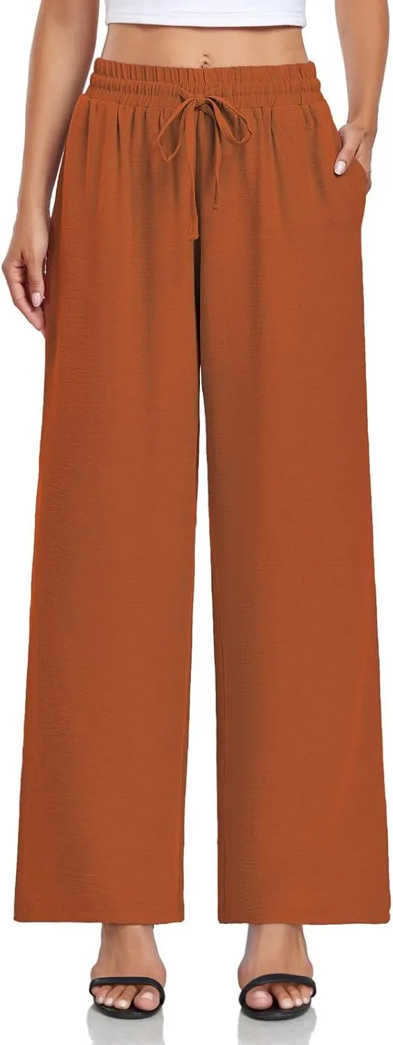 Women's Casual Pants Loose Fit Palazzo Pant Elastic Waist Drawstring Tie Knot Trousers with Pockets