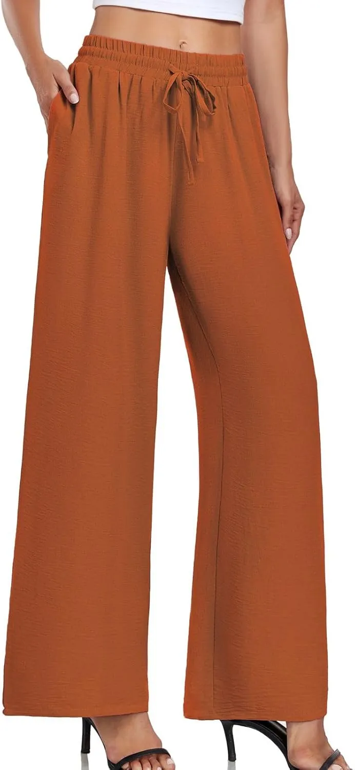 Women's Casual Pants Loose Fit Palazzo Pant Elastic Waist Drawstring Tie Knot Trousers with Pockets