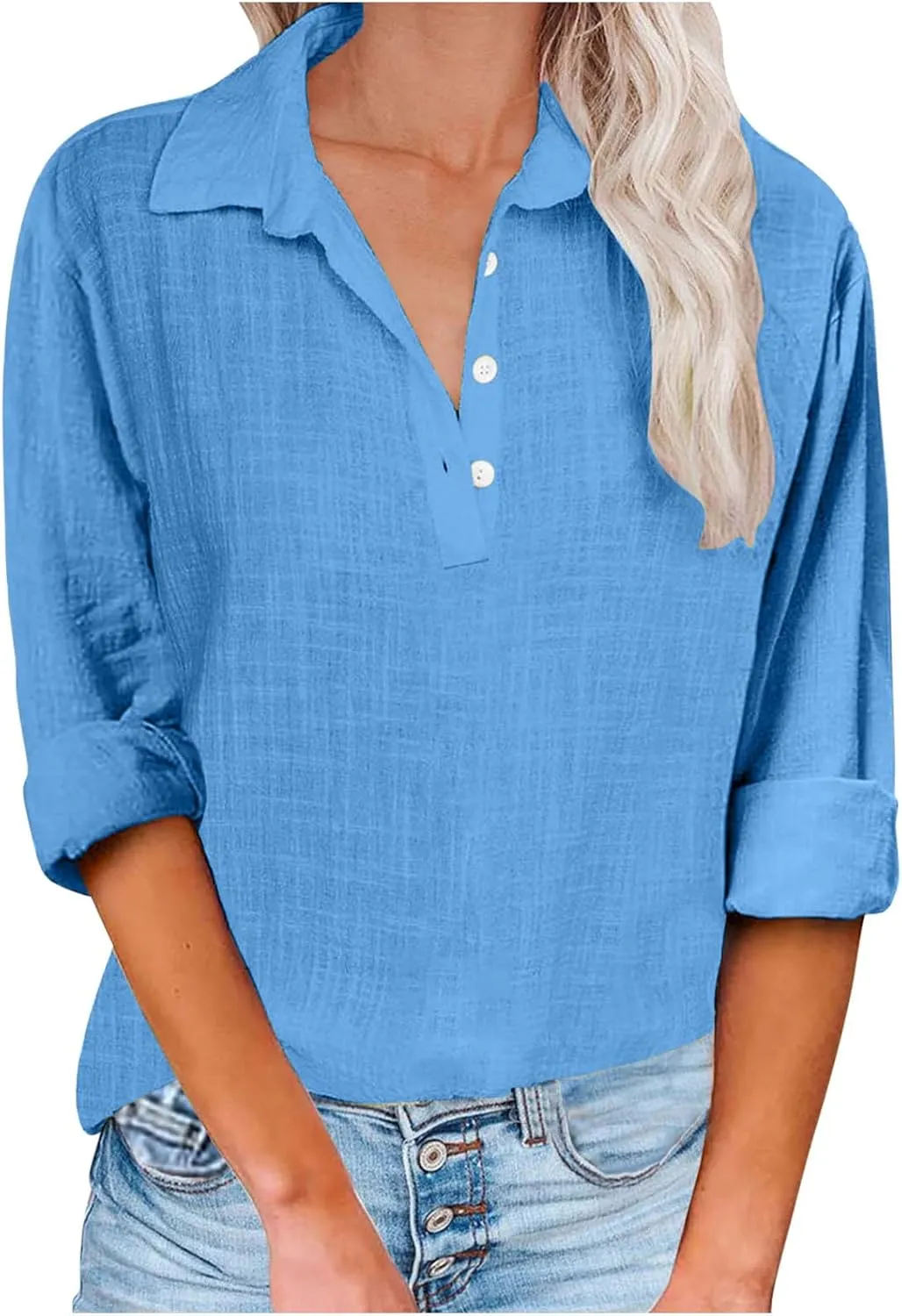 Women's Cotton Linen Shirt 1/4 Button Neck Blouse Long Sleeve Tunic Tops Loose Fit Tee Spring Summer Casual T-Shirt