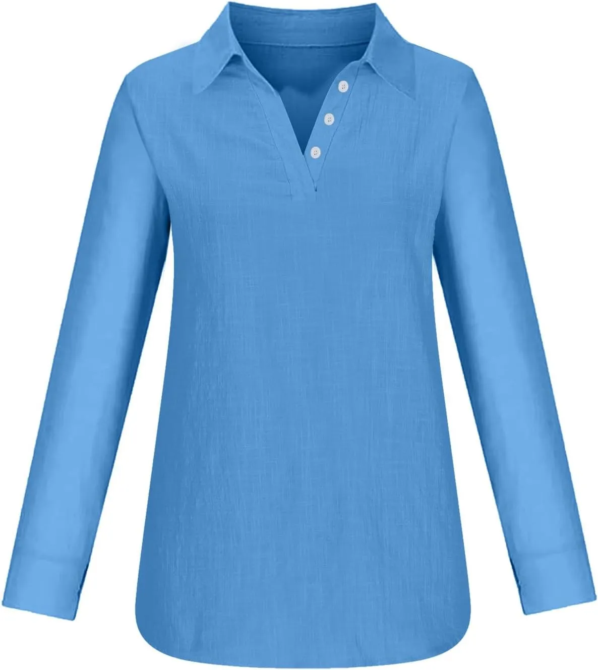 Women's Cotton Linen Shirt 1/4 Button Neck Blouse Long Sleeve Tunic Tops Loose Fit Tee Spring Summer Casual T-Shirt