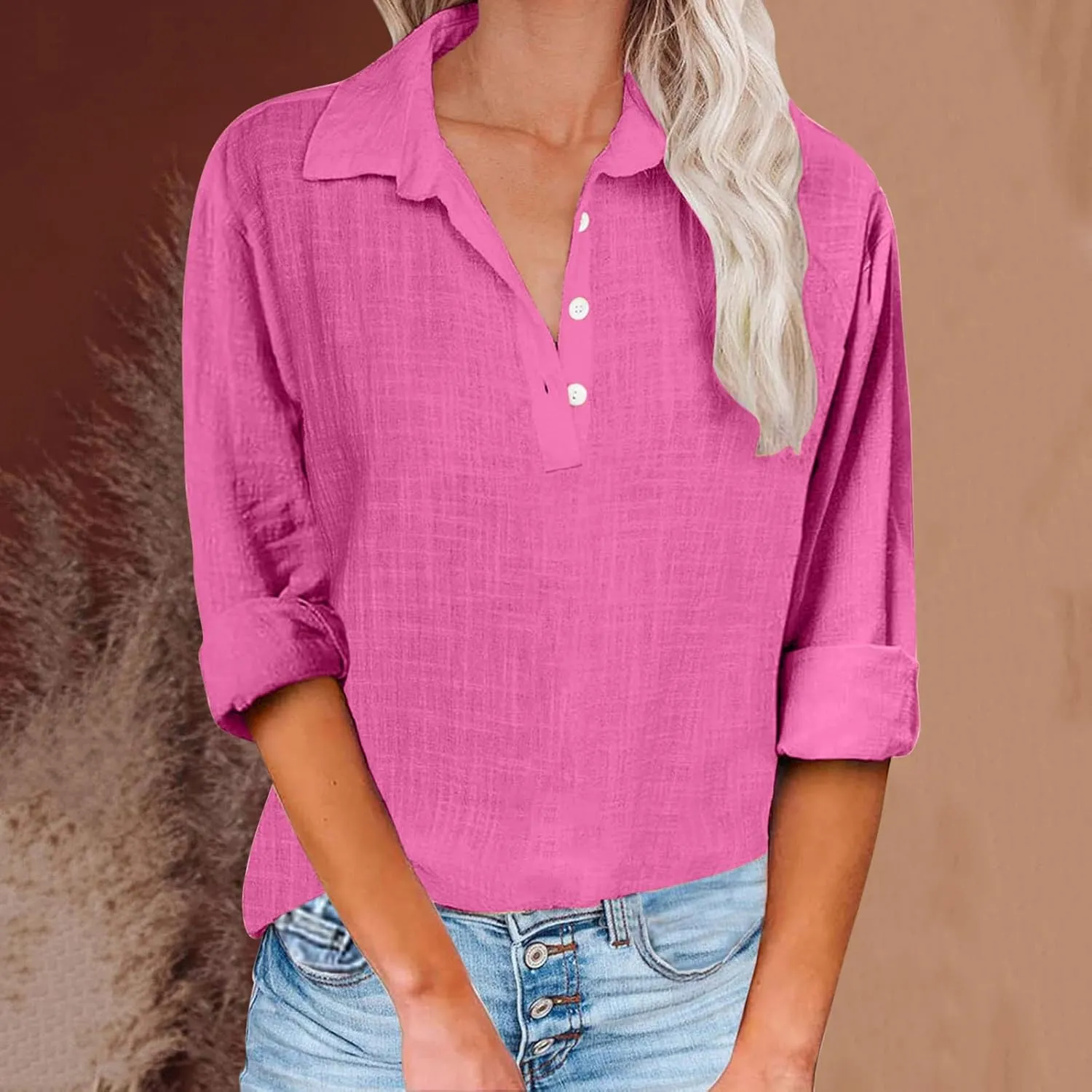 Women's Cotton Linen Shirt 1/4 Button Neck Blouse Long Sleeve Tunic Tops Loose Fit Tee Spring Summer Casual T-Shirt