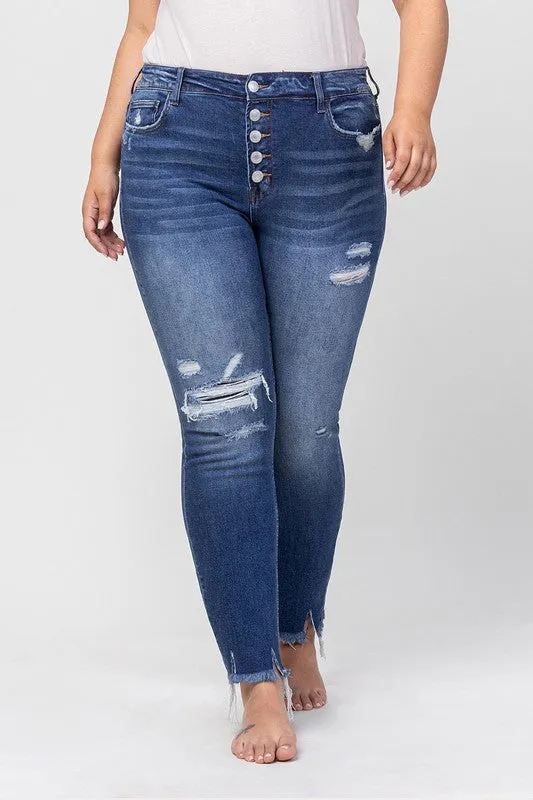 Womens High Rise Patched Button Up Distressed Jeans