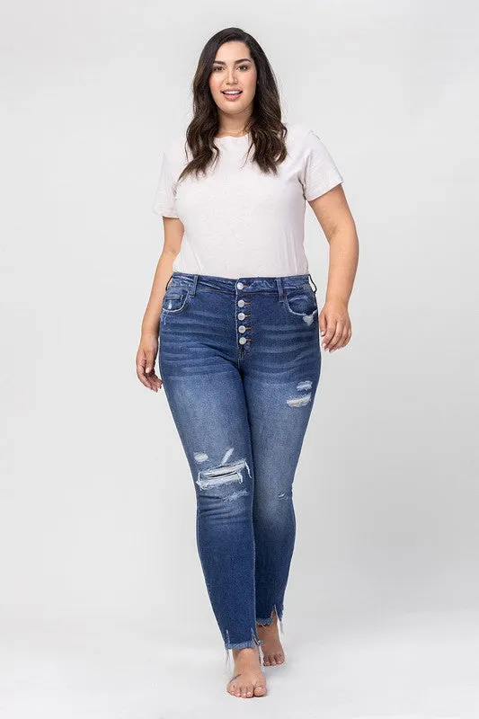 Womens High Rise Patched Button Up Distressed Jeans