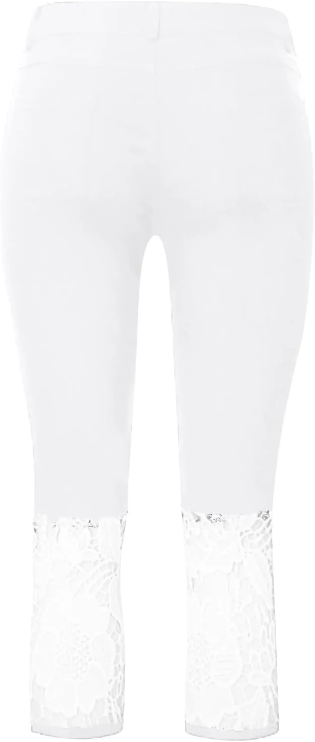 Womens Lace Hem Denim Capri Leggings w/Pockets,High Waist Skinny Stretchy Capri Jeans Tummy Control Jeans Crop Pants