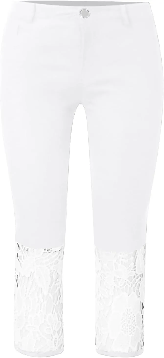Womens Lace Hem Denim Capri Leggings w/Pockets,High Waist Skinny Stretchy Capri Jeans Tummy Control Jeans Crop Pants