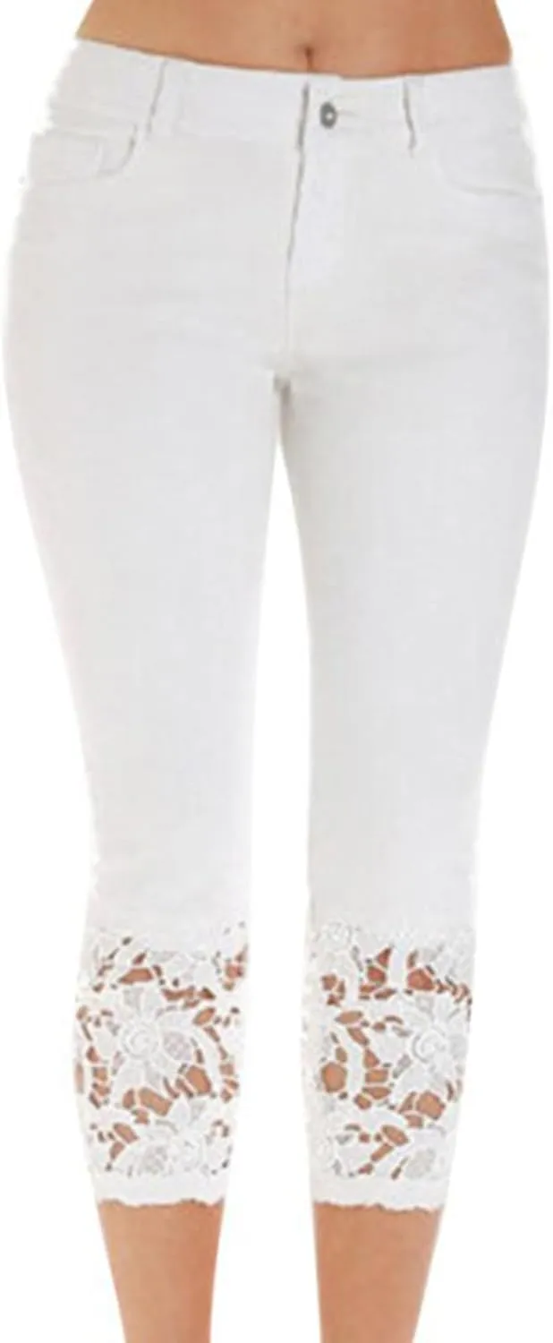 Womens Lace Hem Denim Capri Leggings w/Pockets,High Waist Skinny Stretchy Capri Jeans Tummy Control Jeans Crop Pants