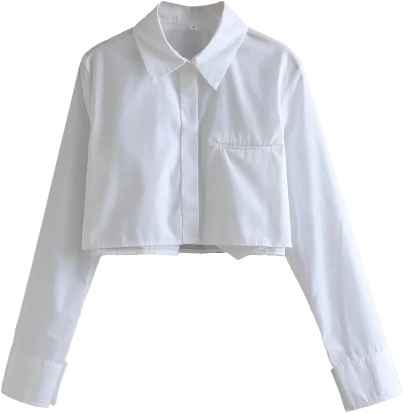 Women's Loose Cropped Shirt Vintage Lapel Long Sleeve Front Button Shirt Chic Tops