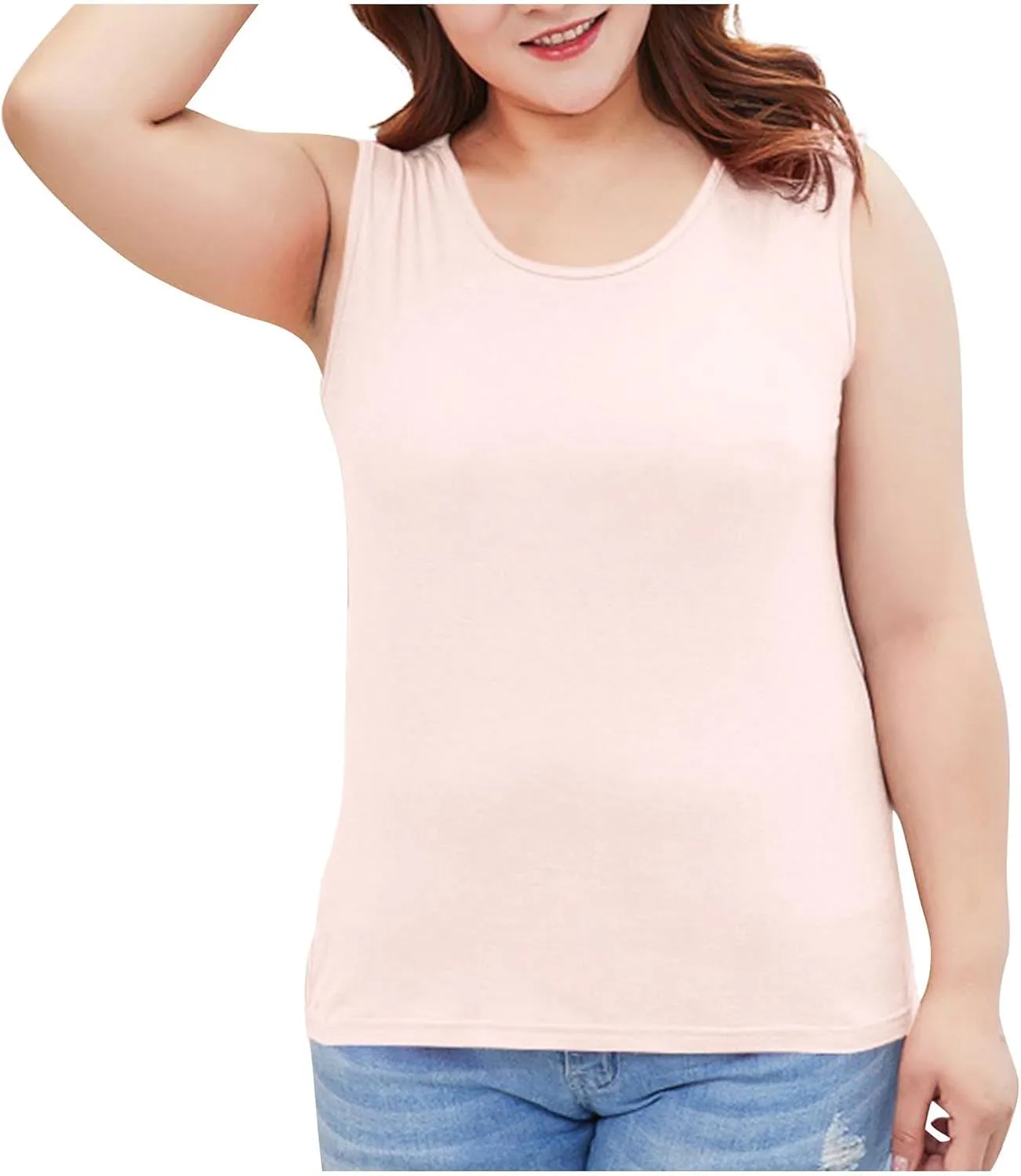 Women's Plus Size Round Neck Tank Tops Sleeveless Solid Color Tee Shirts Casual Loose 2025 Summer Lightweight Clothes