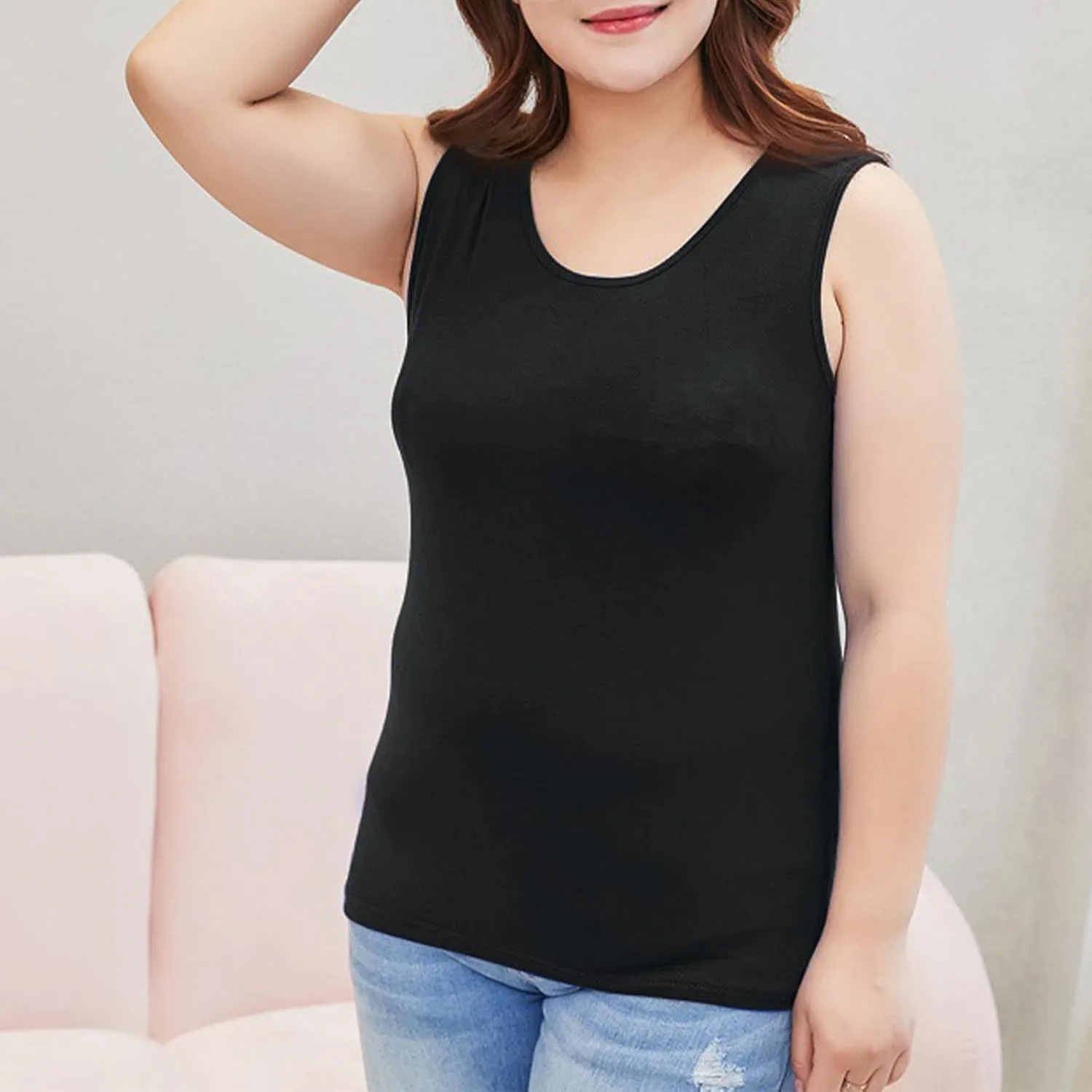 Women's Plus Size Round Neck Tank Tops Sleeveless Solid Color Tee Shirts Casual Loose 2025 Summer Lightweight Clothes