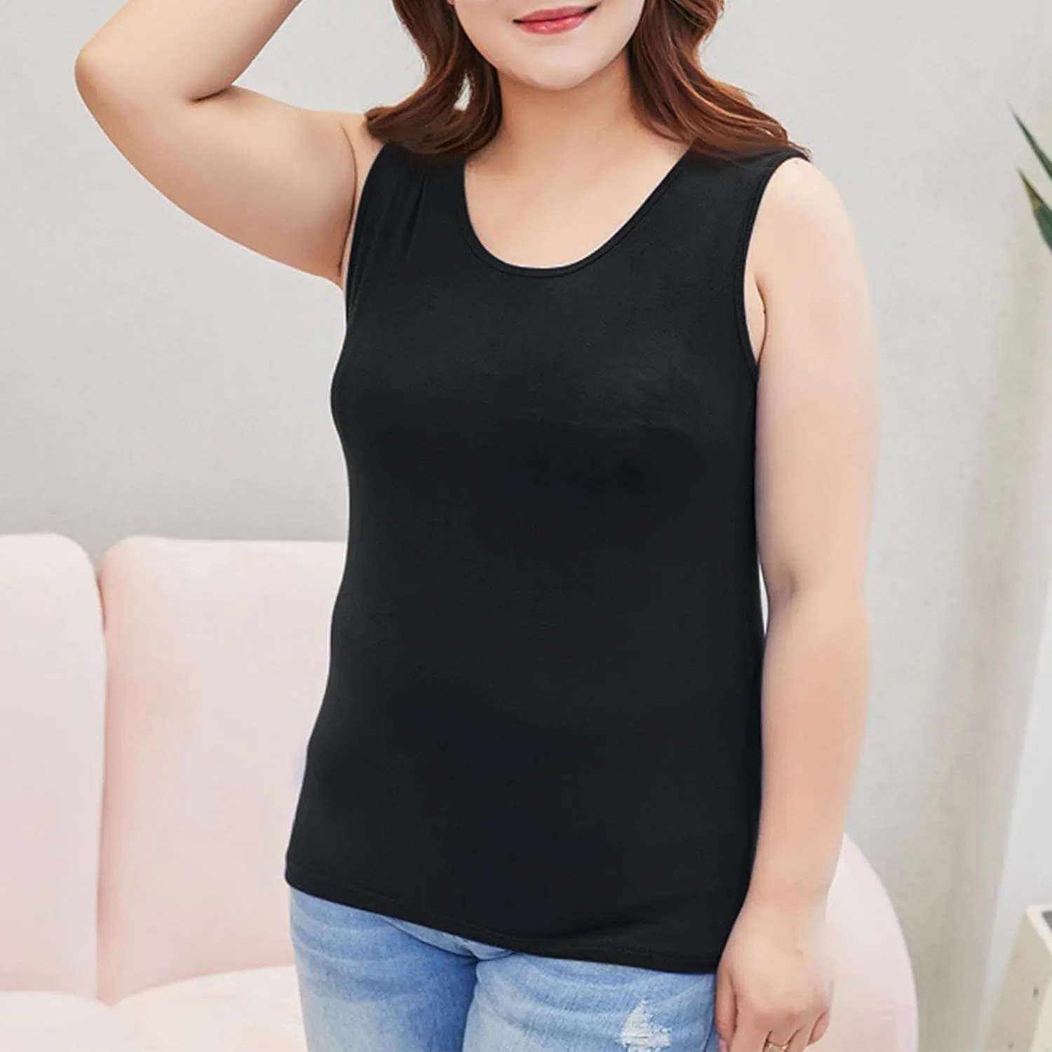 Women's Plus Size Round Neck Tank Tops Sleeveless Solid Color Tee Shirts Casual Loose 2025 Summer Lightweight Clothes