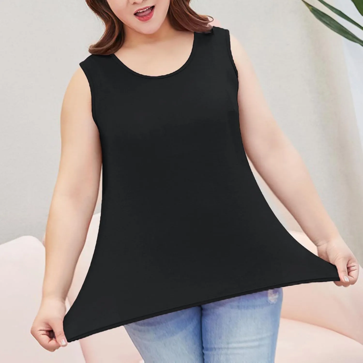 Women's Plus Size Round Neck Tank Tops Sleeveless Solid Color Tee Shirts Casual Loose 2025 Summer Lightweight Clothes