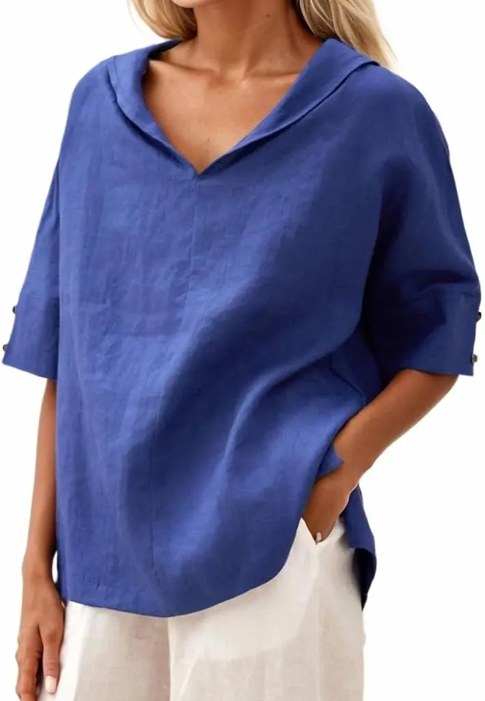 Women's Summer Hoodies Top T-Shirt Cotton Linen Half Sleeve V Neck Casual Loose Lightweight Tunic Blouse