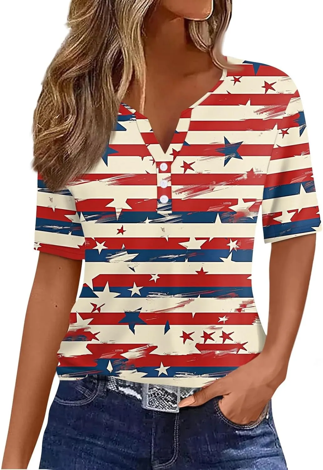 Womens Summer Tops Casual V Neck Star Print Short Sleeve Blouse Summer Fashion Loose Fit Shirts for Everyday Wear