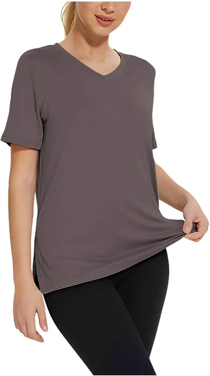Women's V Neck Short Sleeve Blouse Casual Loose Stretch Side Split Pullover 2025 Summer Quick Dry Comfort Shirt Top