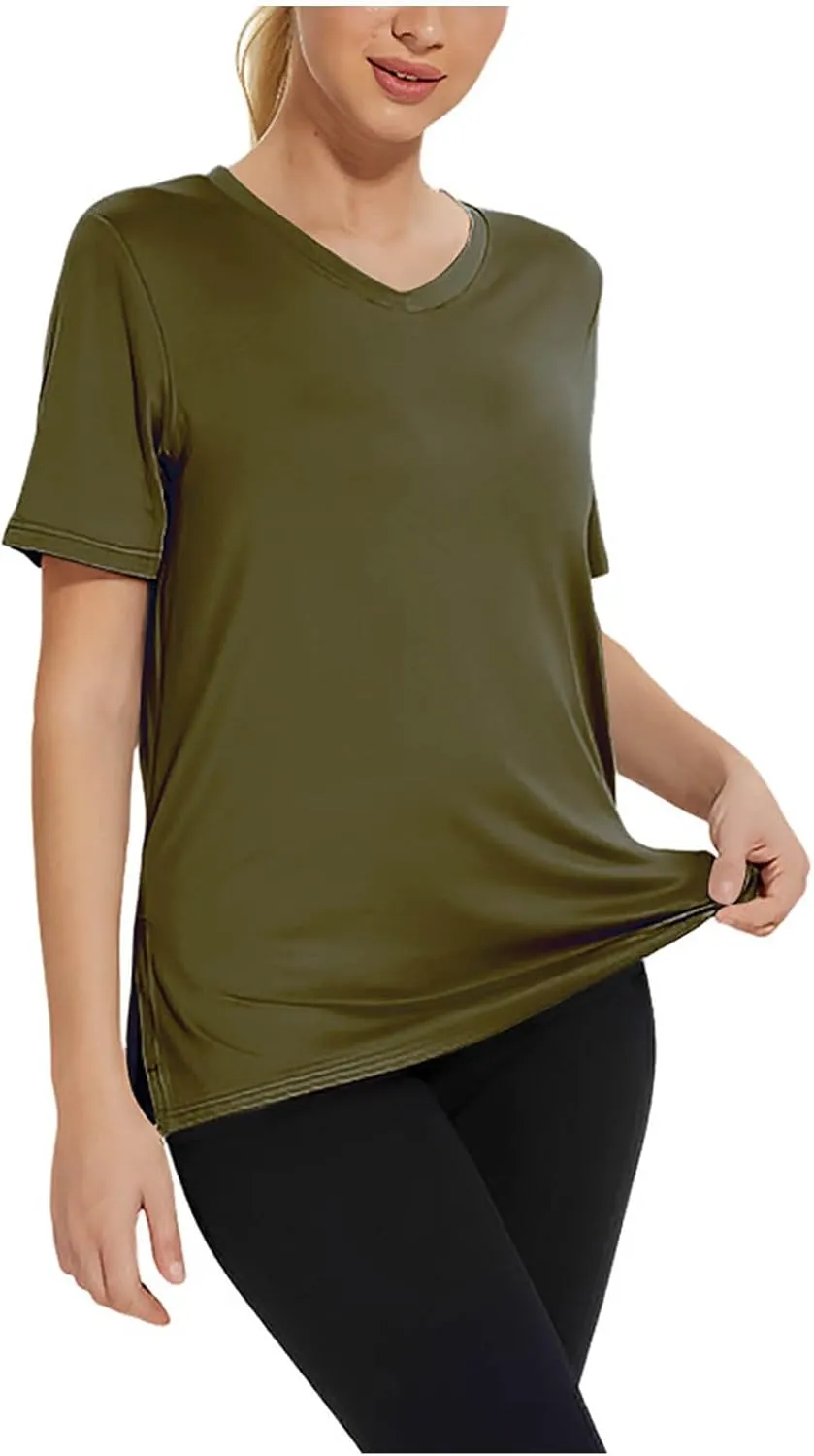 Women's V Neck Short Sleeve Blouse Casual Loose Stretch Side Split Pullover 2025 Summer Quick Dry Comfort Shirt Top
