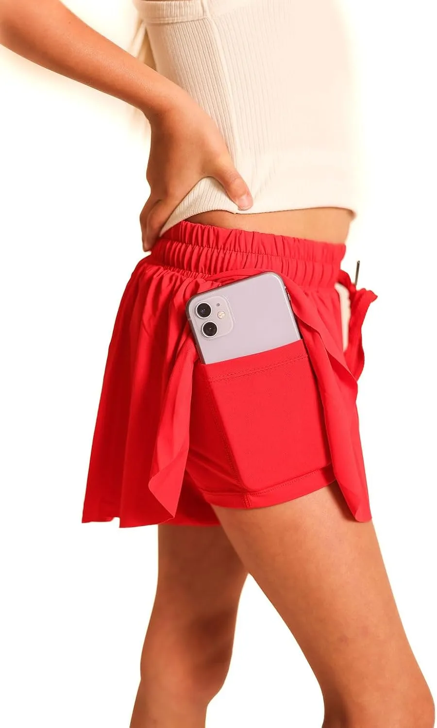 Youth Girls Flowy Athletic Shorts with Spandex Liner. Butterfly Shorts for Fitness, Running, Sports with Drawstring Closure
