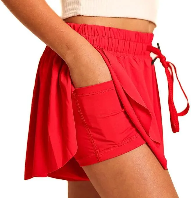 Youth Girls Flowy Athletic Shorts with Spandex Liner. Butterfly Shorts for Fitness, Running, Sports with Drawstring Closure