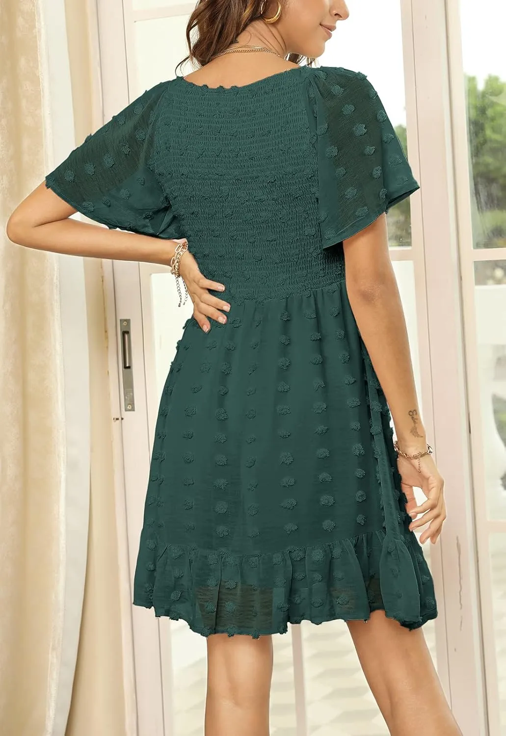 Zattcas Womens 2025 Summer Smocked Dress Short Flutter Sleeve V Neck Swiss Dot Babydoll Ruffle Tiered Mini Dress