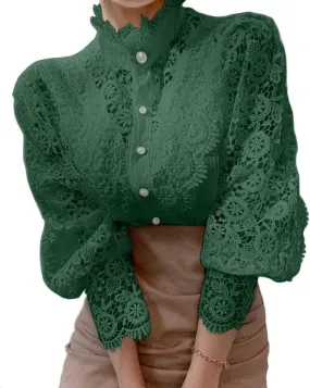 ZOCAVIA Women's Vintage Victorian Blouses Elegant Lace Crochet Tops Dressy Casual Mock Neck Puff Long Sleeve Button Up Shirts
