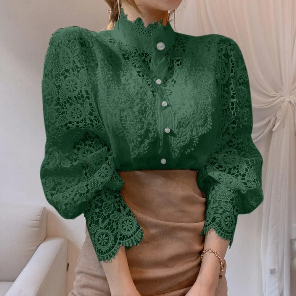 ZOCAVIA Women's Vintage Victorian Blouses Elegant Lace Crochet Tops Dressy Casual Mock Neck Puff Long Sleeve Button Up Shirts
