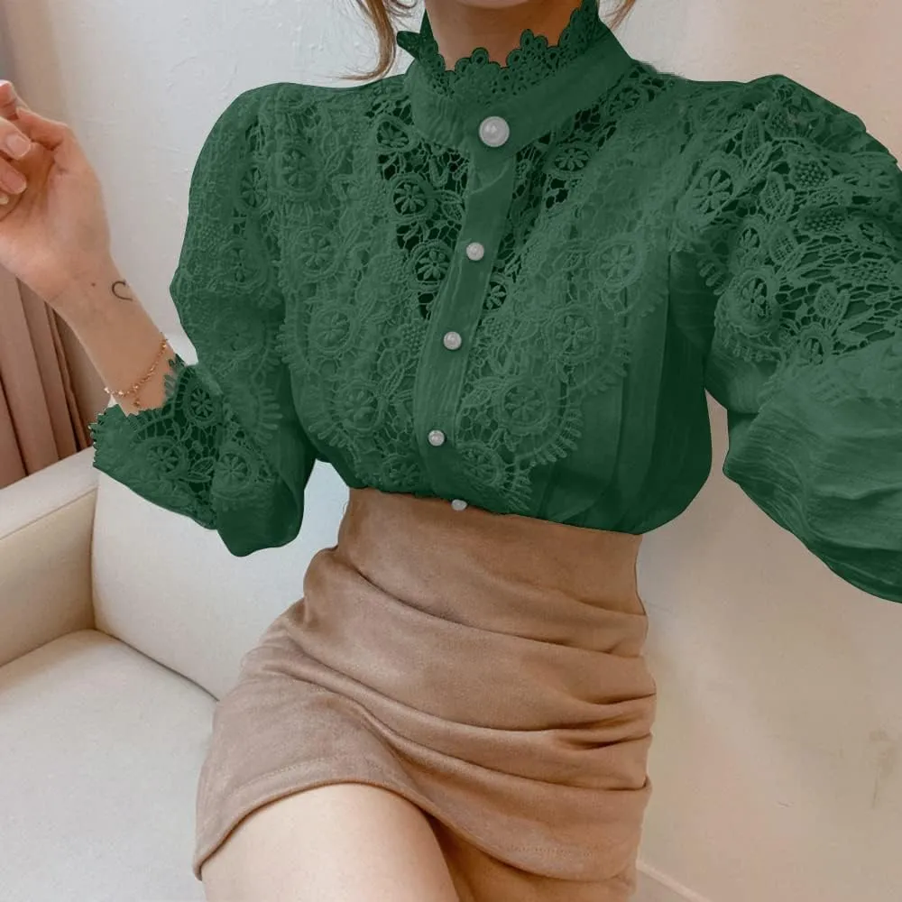 ZOCAVIA Women's Vintage Victorian Blouses Elegant Lace Crochet Tops Dressy Casual Mock Neck Puff Long Sleeve Button Up Shirts